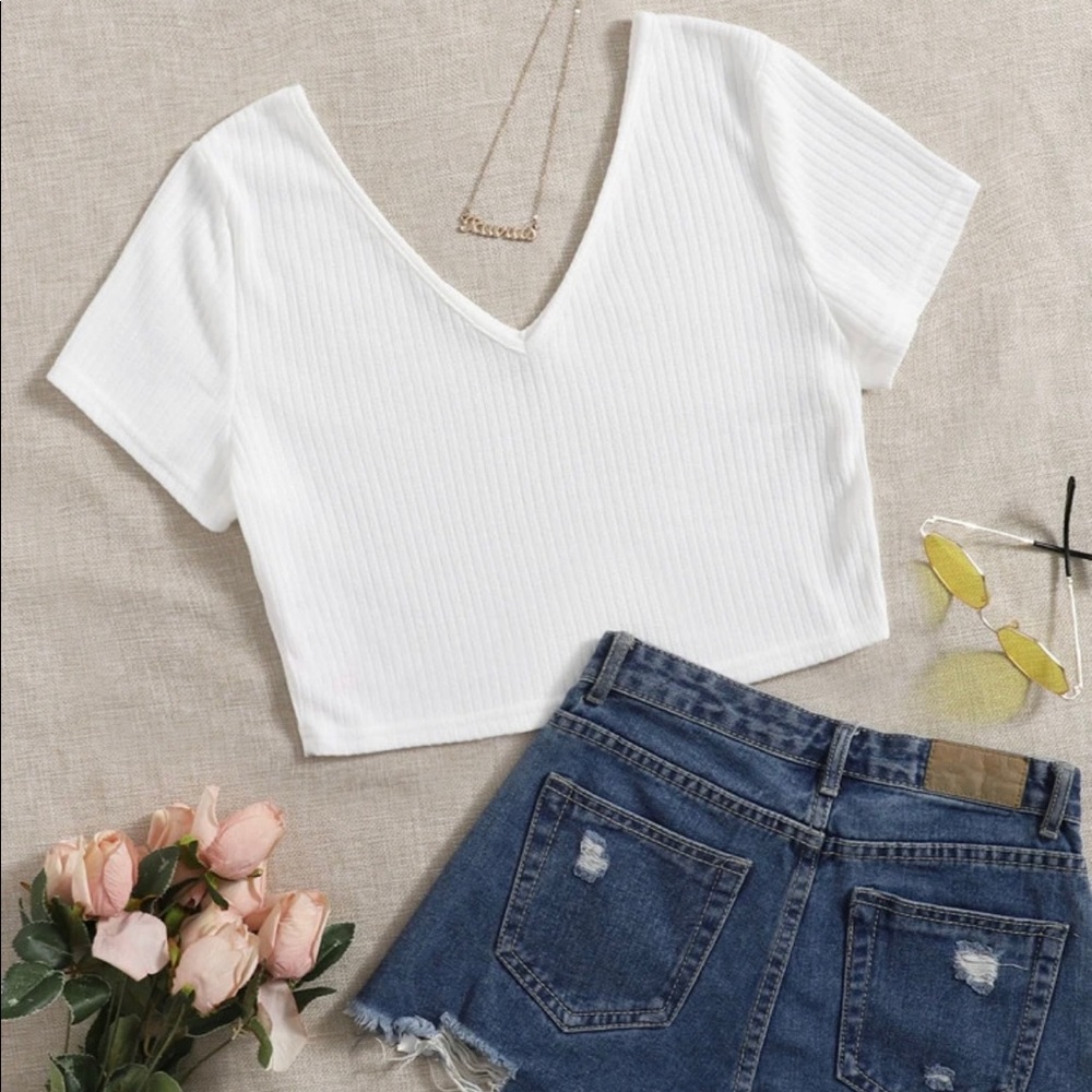 SHEIN Plus Double V-Neck Rib-Knit Crop Top